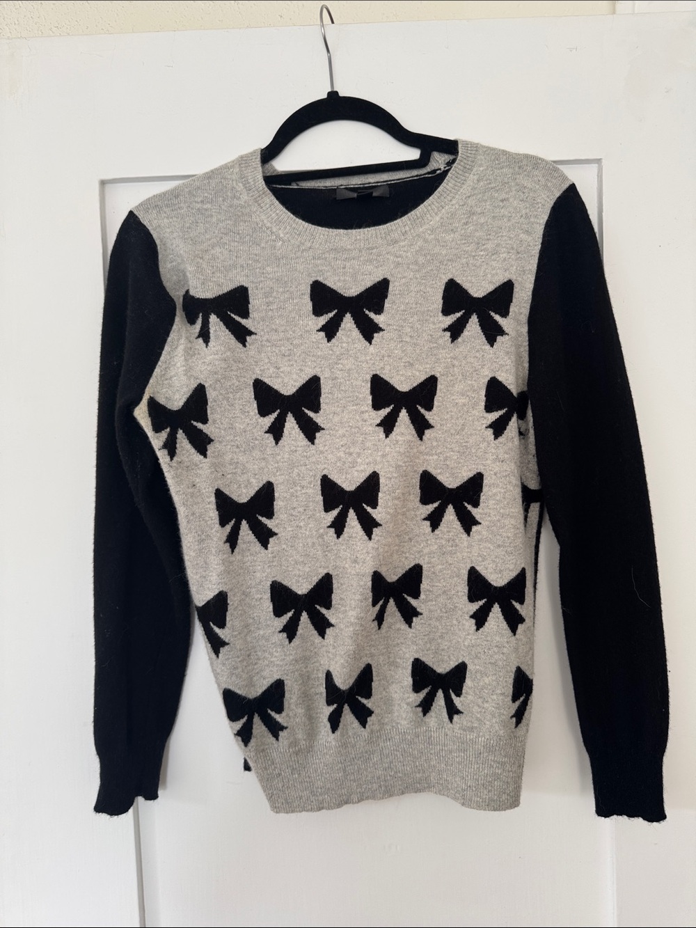 J. Crew Gray Crewneck Sweater with Black Bow Pattern